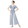 Womens Lyrical Dance Leotard Pants Suit Ruffled Sleeves Backless Sparkly Bodysuit Split Wide Leg Pants Dancewear