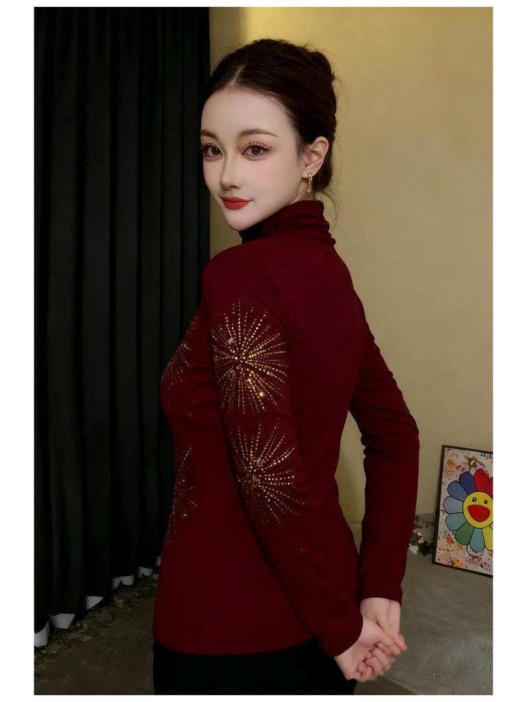 Top da Donna De Rong Autunno/Inverno con Strass, Manica Lunga, Scollo Semi-Alto