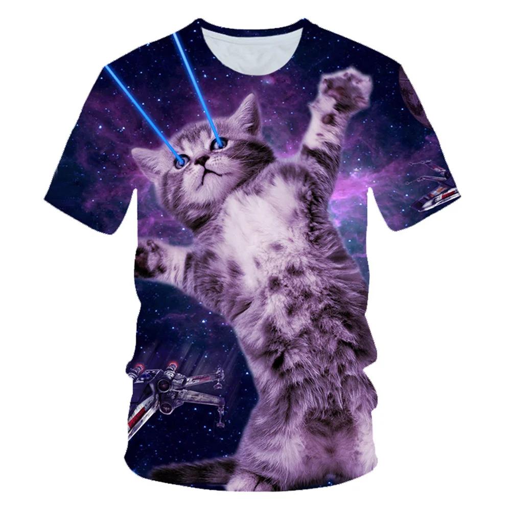 Unisex Coole Tierkatze T-Shirt Niedliches Kätzchen Katze 3D T-Shirts Herren Damen Galaxie Weltraum Pizza Lustiges Street Top Tee Kurzarm S gray