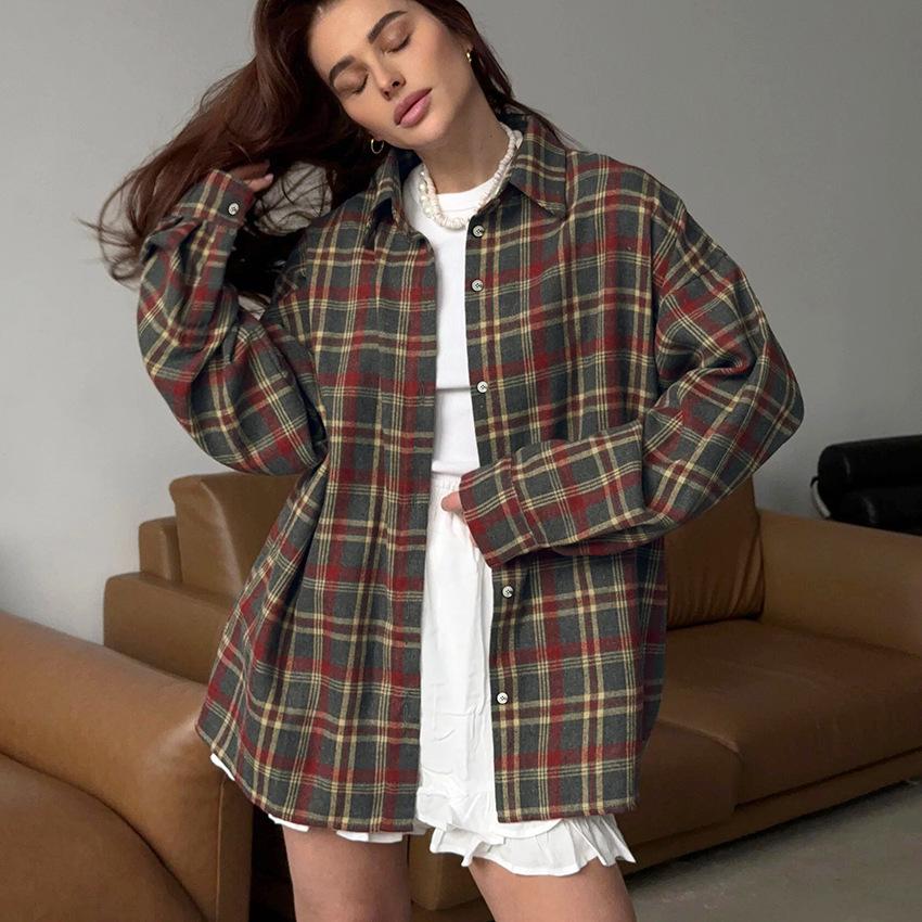 

Women s Retro Plaid Long Sleeve Turn-Down Collar Cardigan Shirt Small