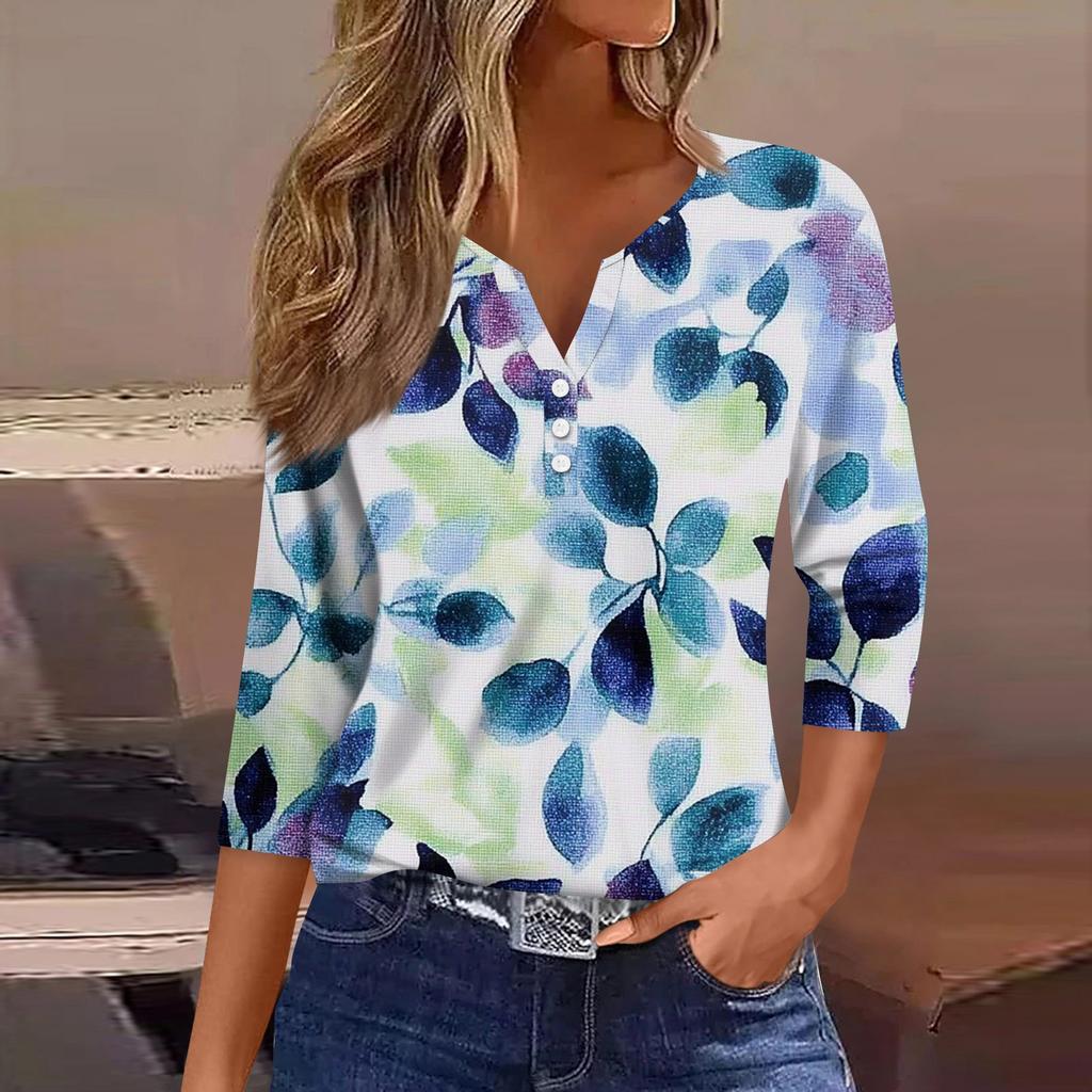 Damska koszulka T-shirt z nadrukiem Rękaw 3/4 Codzienny weekend Moda Podstawowy Dekolt w kształcie litery V Regularny top