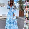 Spring Long Dress Fashion Print Sexy Deep V-neck Long Sleeved Dress Women's Elegant Hollow Out Ruffle Spliced Maxi Dress