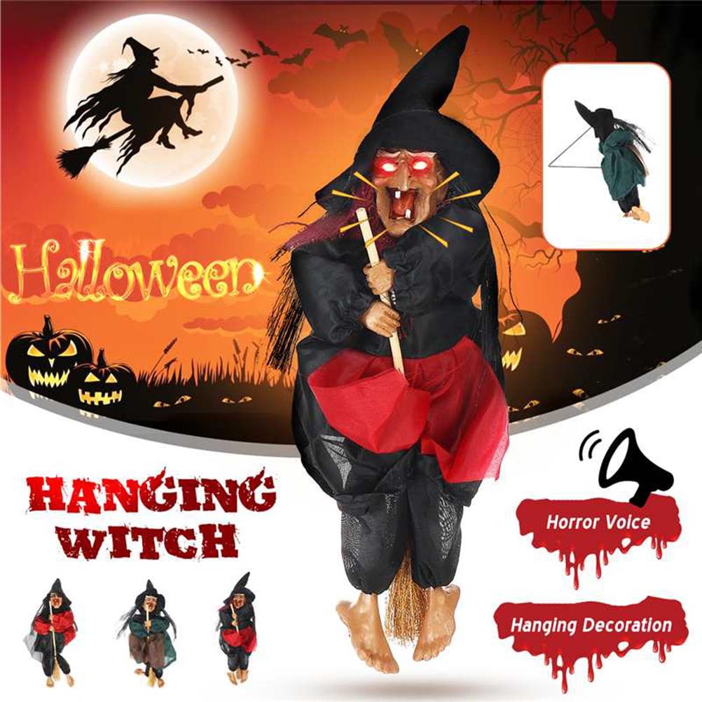 Halloween Hanging Witch Dolls Voice Control Prop Animated Ghost Scary Riding Broom Wall Hanging Party Outdoor Home зелёный