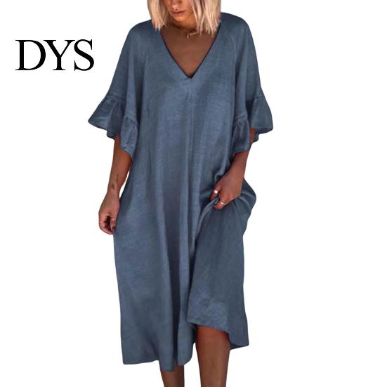 V Neck Midi Dress Summer Women Ruffle Patchwork Cuffs Loose Solid Color A-line Big Swing Half Horn Sleeves Casual Pullover Daily Wear Ruffled