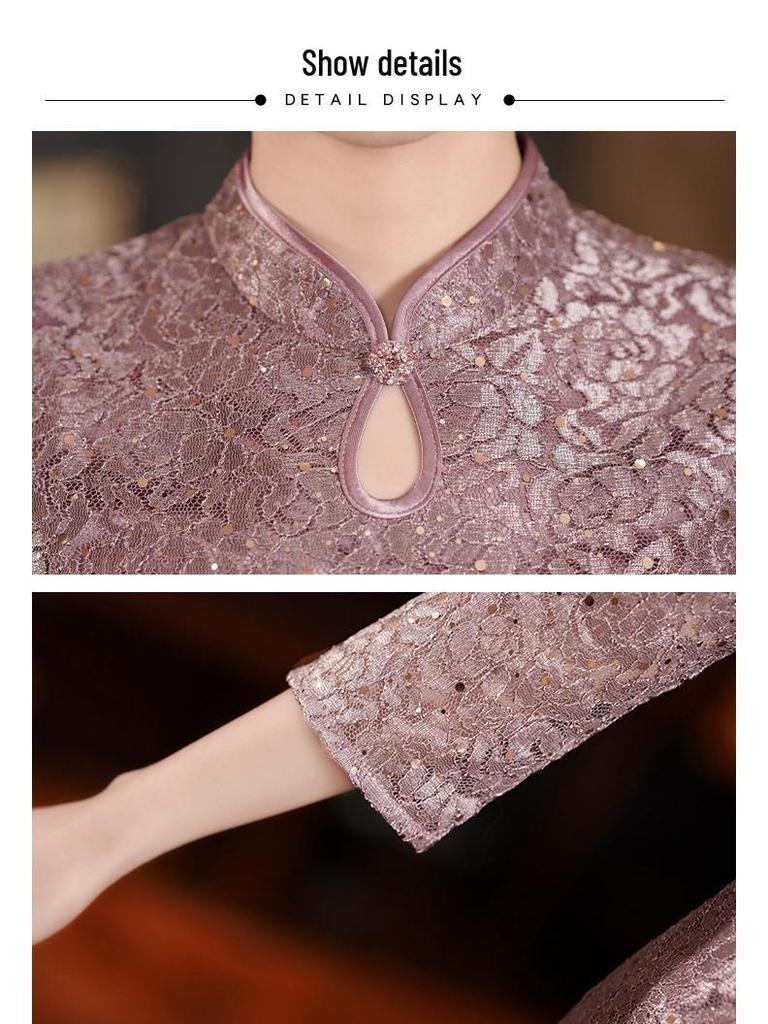 Elegantes hellviolettes Qipao: Hochwertiges Festkleid für die Brautmutter bei Sommerhochzeiten und Banketten