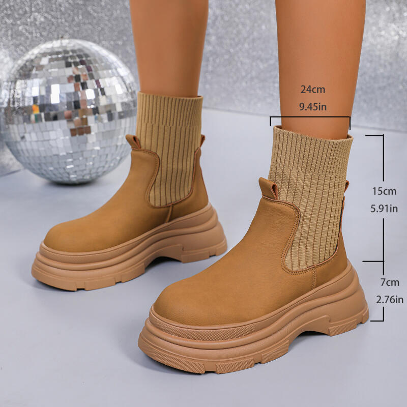 Retro Khaki Thick Bottom Ankle Boots Women 2025 Winter Stretch Fabric Chelsea Boots with Platform Comfort Slip On Shoes