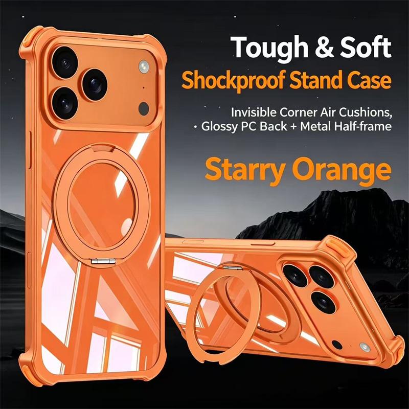 For iPhone 17 16 15 14 13 Pro Max Transparent Aluminum Alloy Frame Phone Case For Magsafe 360° Rotate Magnetic Shockproof Cover