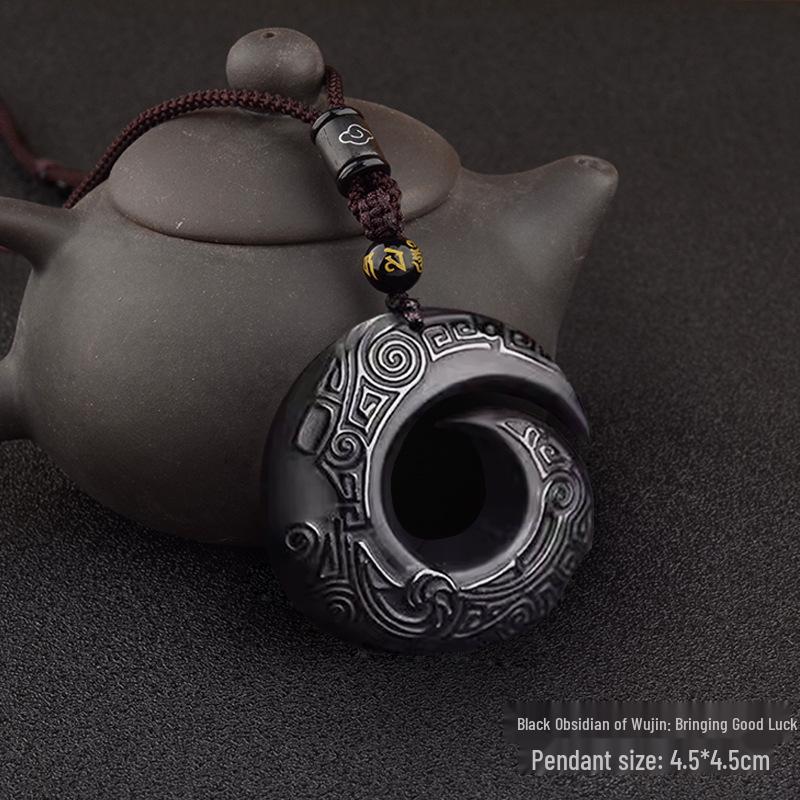 Obsidian Good Luck Zodiac Pendant Necklace with Rotating Ice Jade Charm - Unisex Crystal Sweater Chain