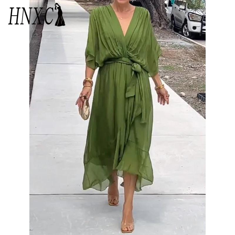 HNXC Women's Fashion Summer Spring Solid Color Print V-Neck High Waist Casual Dresses