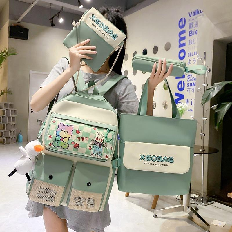 School bag, women's backpack, four-piece set, junior high school student backpack, campus college backpack.