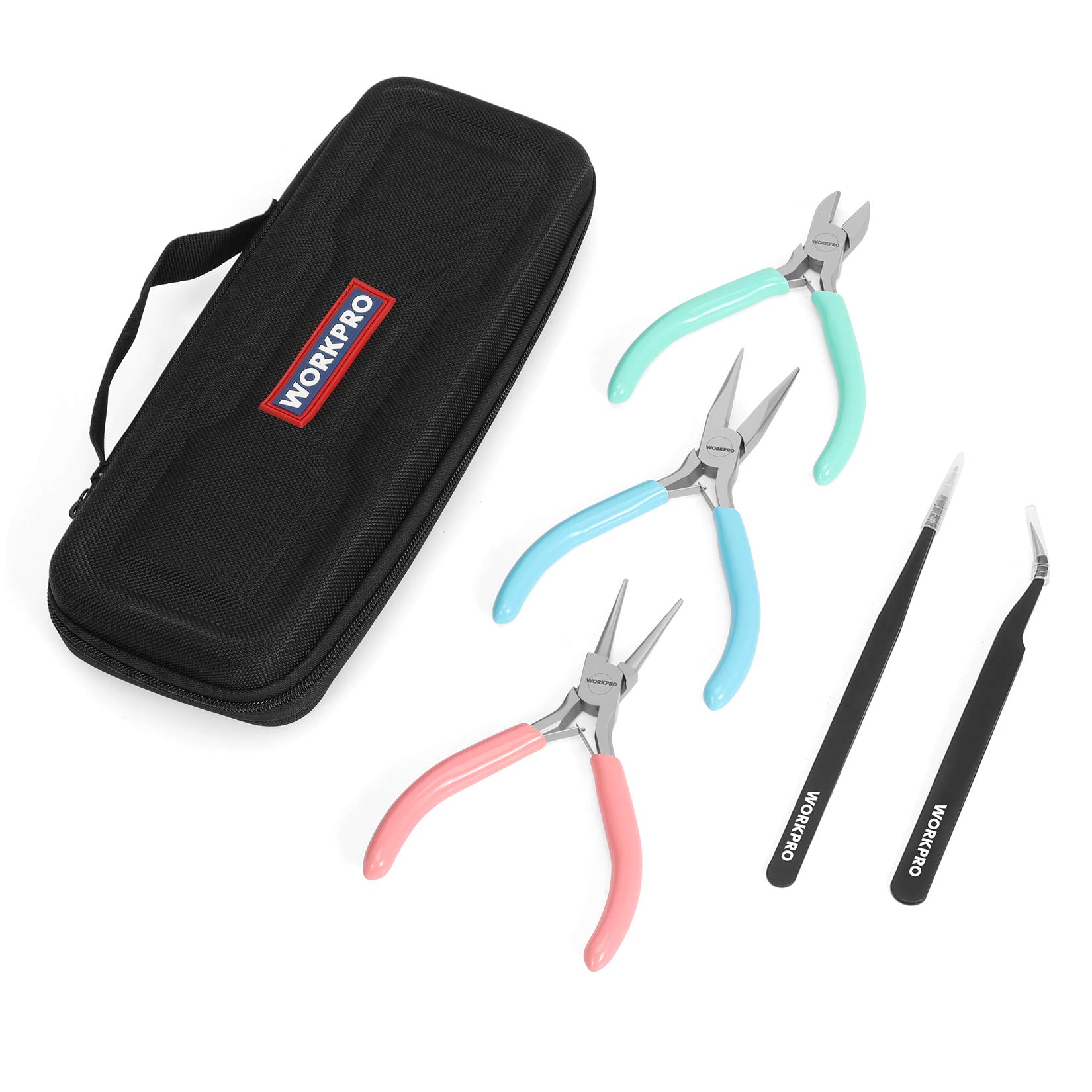 

WORKPRO Accessory Tool Set: Pliers, Flat Tongs, Nippers, Round Pliers, and Tweezers, 5-Piece Set for Crafts with Storage Case