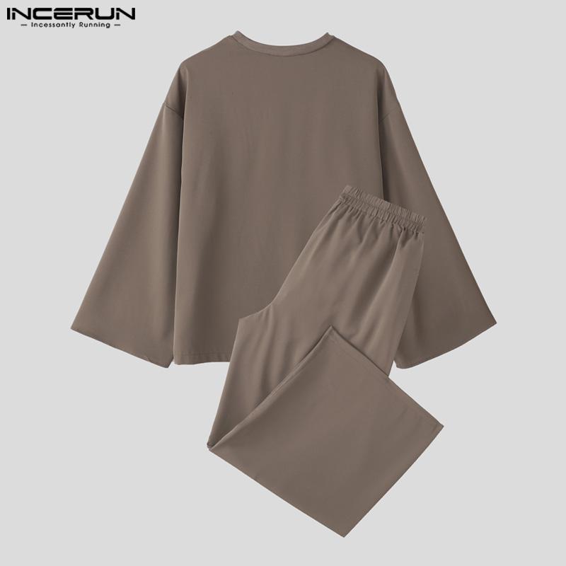 INCERUN Two Piece Suit Men Drop Shoulder Long Sleeve Tops Long Pants Casual Sets