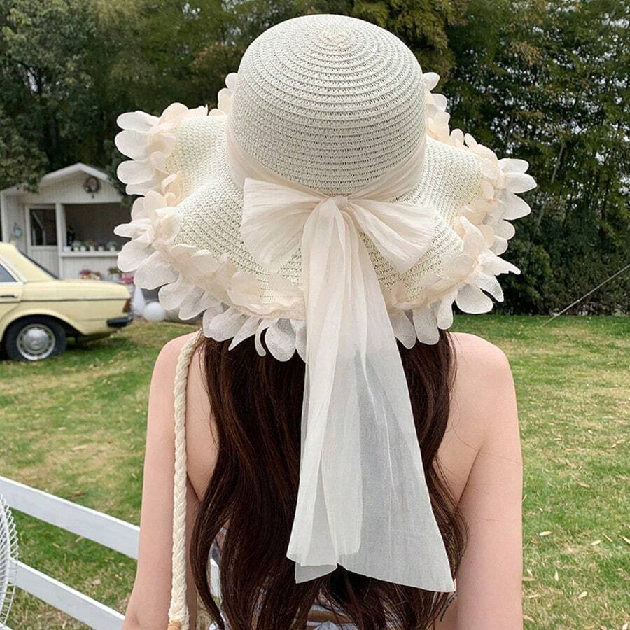 Womens Pearl Lace Straw Sun Hat With Wide Brim For Beach And Outdoor Summer Use