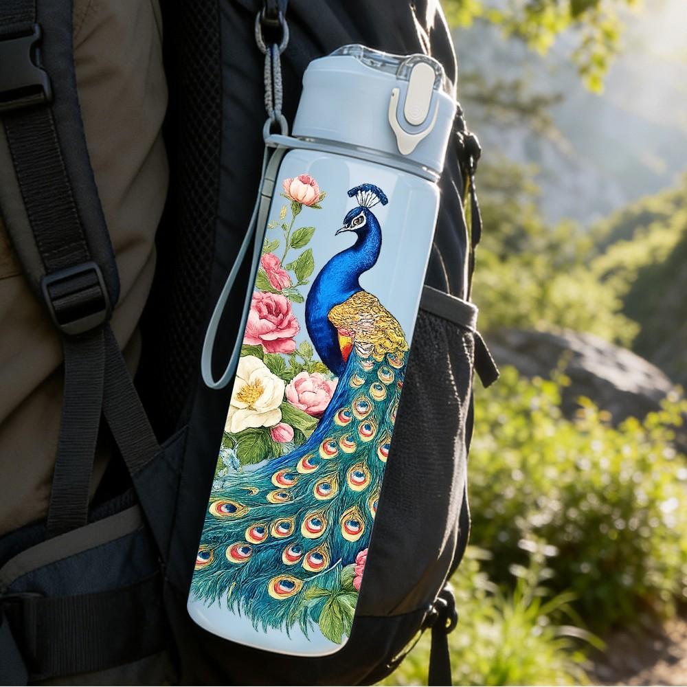 1PC Peacock Flower Botanical Art Print 750ml Color Plastic Sports Water Bottle Leakproof Flip Straw Lid Suitable for Sports Office Home Use