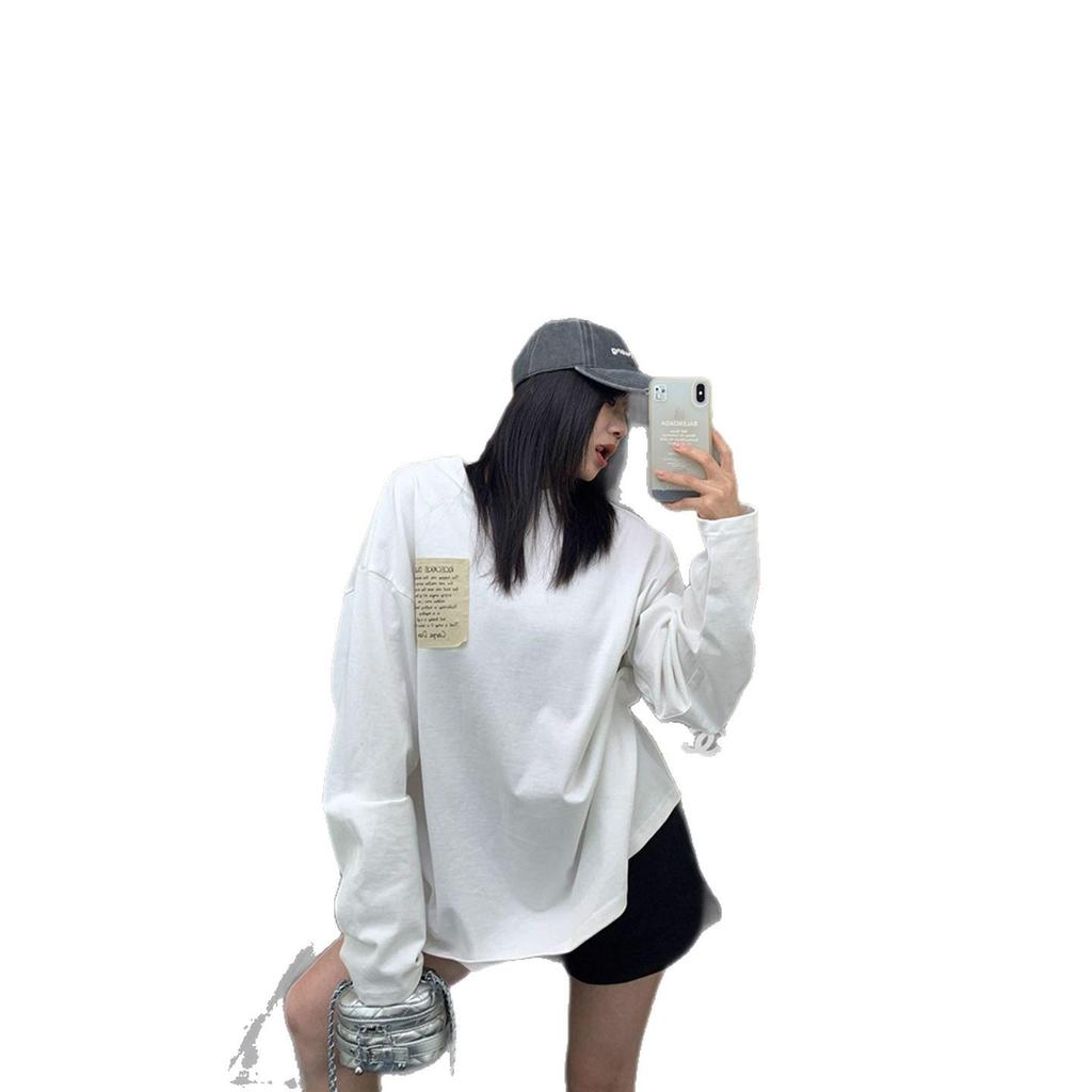2025 New Arrival: European-Style White Long-Sleeve Women's T-Shirt, Mid-Length Loose Fit, Pure Cotton Base Layer for Autumn/Winter