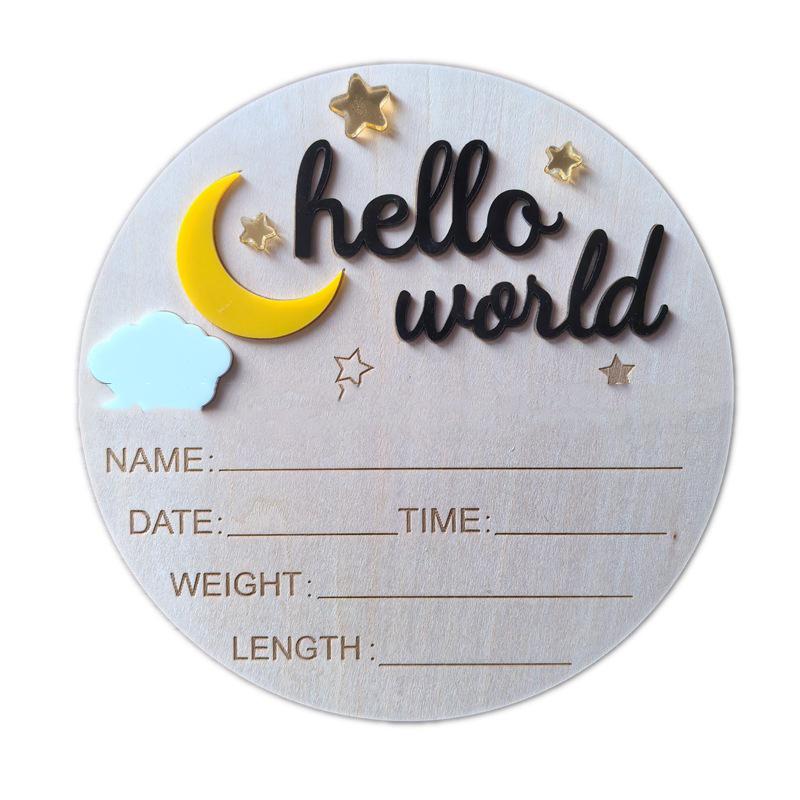 Wooden Hello World Newborn Sign, Cute Birth Announcement Board Baby Announcement
