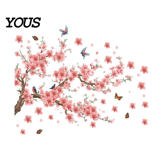 Modern Minimalist Room Aesthetics Stickers 2Pcs Sakura Wall with Butterflies & Birds, Peach Blossom Branch Easy Installation Floral Decor Decals,