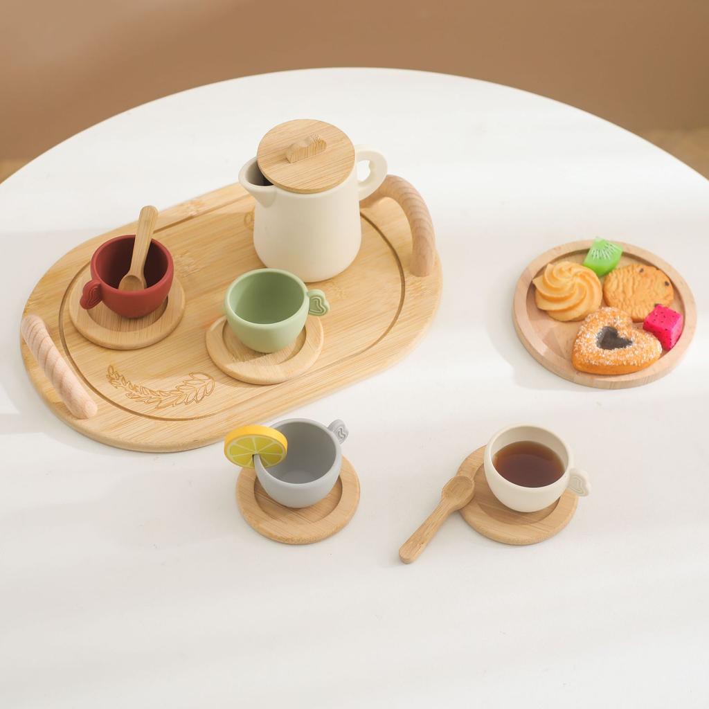 Baby Rollenspiel Nachmittagstee Spielzeug, Silikon-Teekanne mit Holz-Untersetzer, Lernspielzeug für Kinder im Alter von 3-6 Jahren