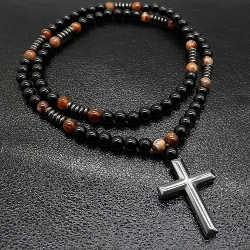 Handcrafted Crosses Pendant Jewelry Brown Tigers Eye Stones Unisex Daily Wear Mens Jewelry with Silver Spacers