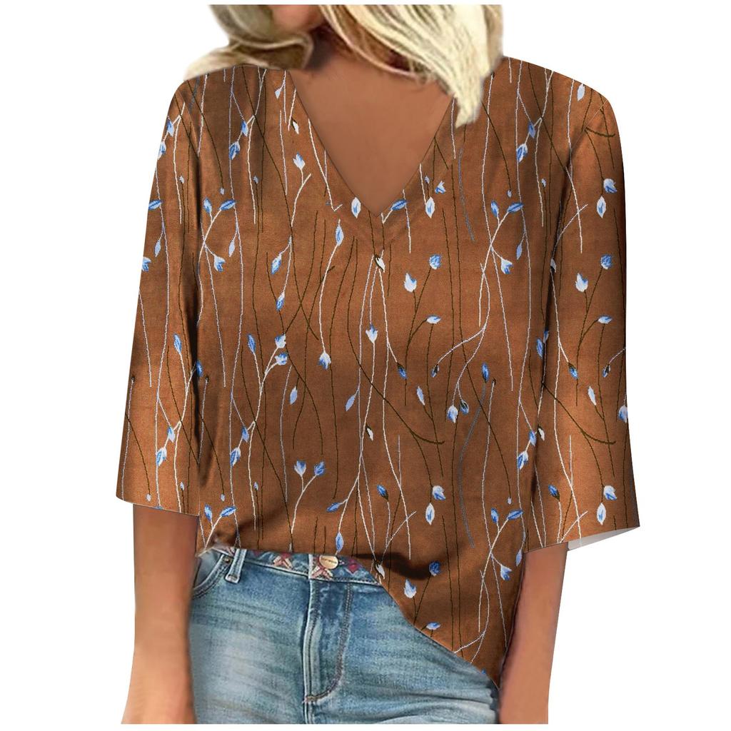 Women's Shirt Blouse Casual Loose Shirts 3/4 Sleeve Print V Neck Tops Print Tops T-shirts Tee