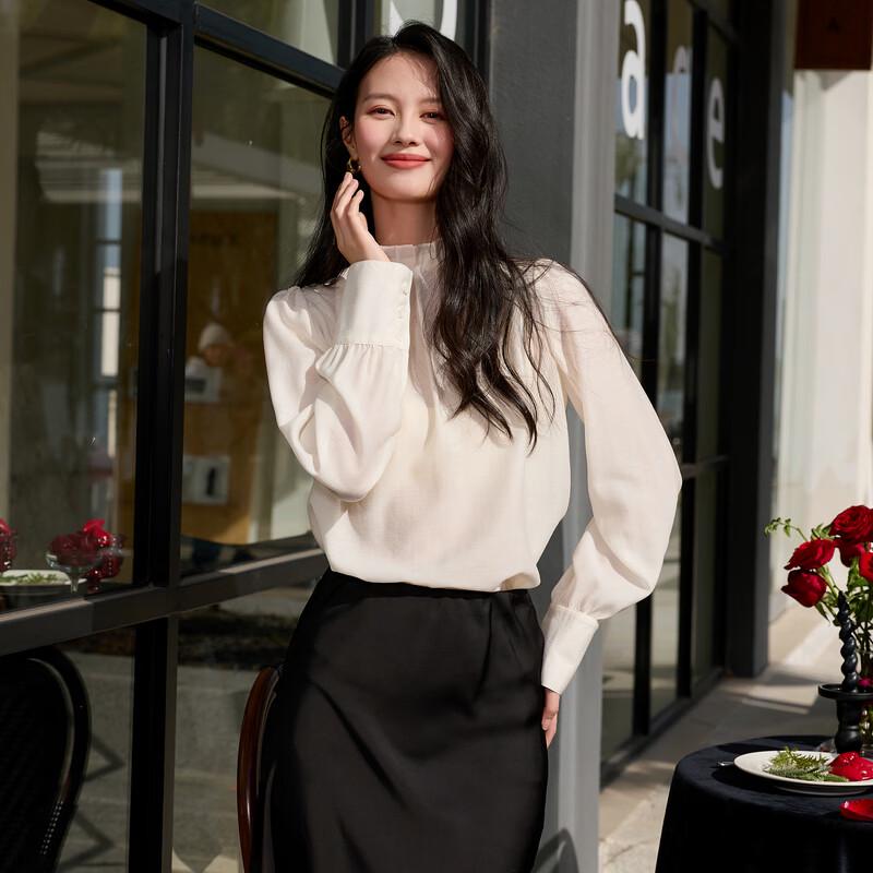 SanCai Women's Elegant Stand-Up Collar Lantern Sleeve Blouse