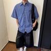 American Retro Lazy High-end Blue Plaid Short-sleeved Shirt for Men and Women Loose and Versatile Casual Embroidered Shirt Tide