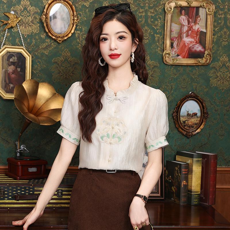 Stand-up Collar Ruffle Edge Short-sleeved Temperament Chiffon Shirt Women's Spring and Summer New Chinese Button-up Design Shirt