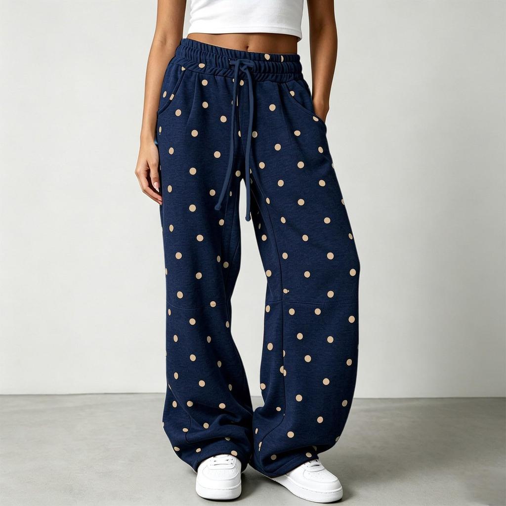 Women's Retro Polka Dot Wide Leg Pants with Elastic Waist, Flowy Casual Trousers for Everyday Wear