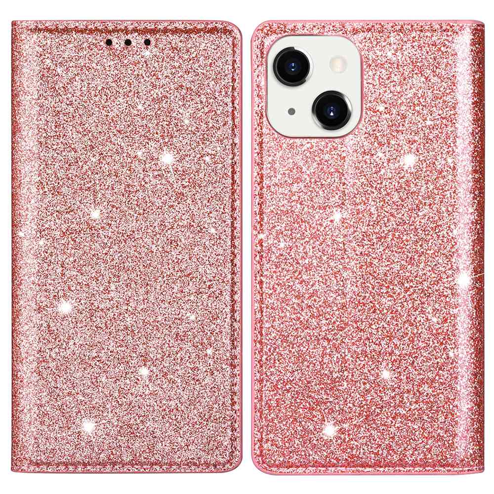 

Glitter PU Leather Stand Phone Case for iPhone 15,Card Holder Anti-drop Phone Cover Rose Gold