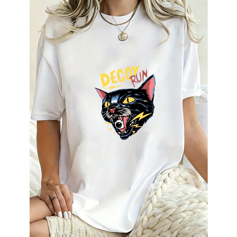 Oversized T Shirt Dress Black Decoy Run Cat Graphic Print Casual Streetwear Style