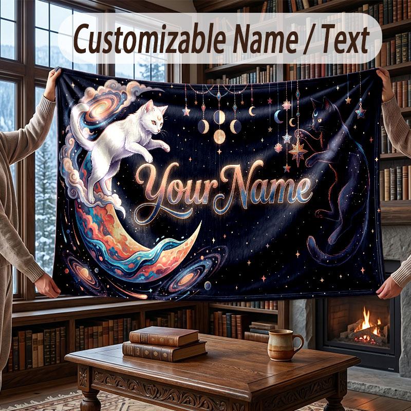 Cat Theme Throw Blanket Custom Name Text Personalized Blanket Soft Cozy Blanket for Home Sofa Bed