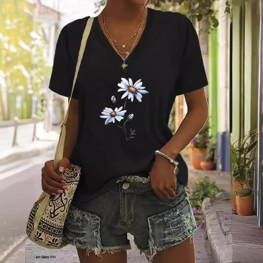 Summer V-neck 3D Flower Pattern Printed Top Fashionable Casual Short Sleeved Women's T-shirts