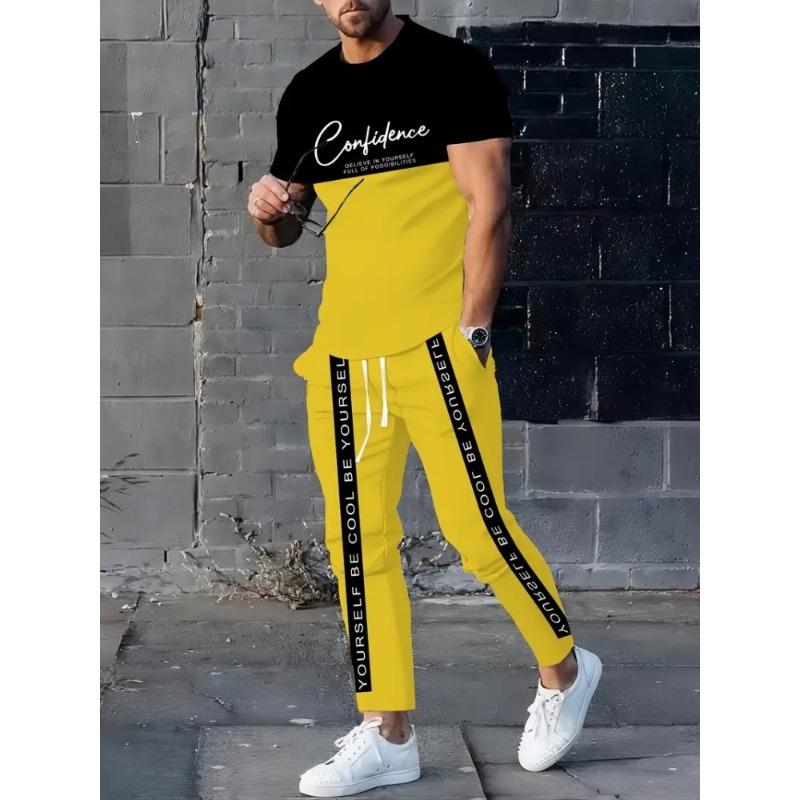 Autumn Street Fashion Men's Casual Long Pants Set, Two-color Spliced Men's Casual Round-neck And Casual Long Pants S-3XL