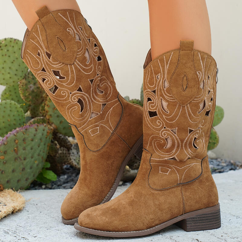 Classic Suede Western Cowboy Boots Women 2025 Autumn Vintage Hollow Out Medium Heel Riding Boots Ethnic Style Designer Shoes