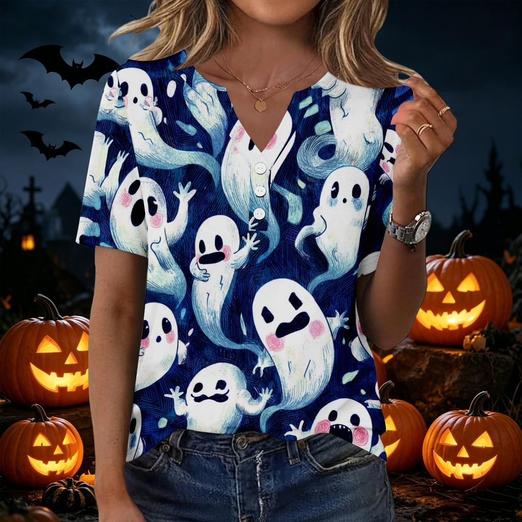 Women's Halloween Printed Loose Fit V Neck Short Sleeve Top with Pocket Casual Lightweight Blouse for Everyday Wear