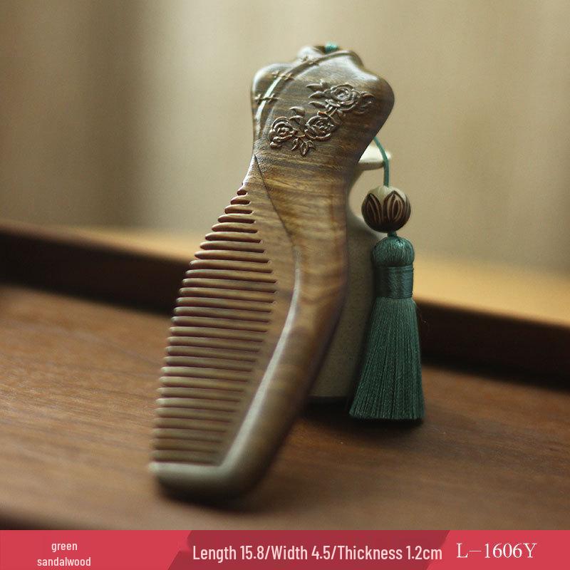 Engraved Green Sandalwood Anti-static Massage Hairdressing Comb - Portable Gift