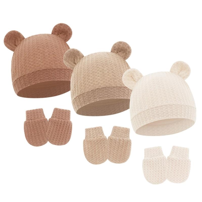 

Pack of 3 Set Lovely Newborn Baby Hat And Scratch Resistant Mittens Set Comfortable Wear For Infants 0-6 Months