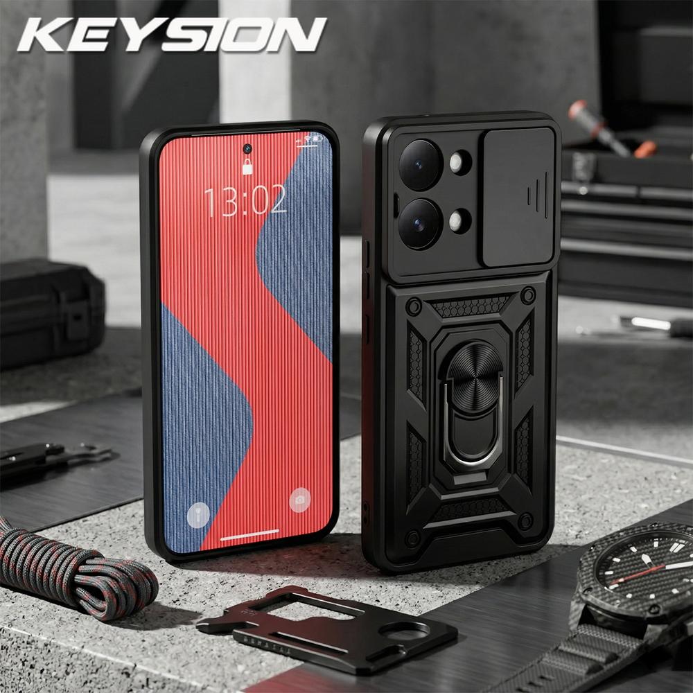 KEYSION Shockproof Armor Case for Xiaomi POCO X8 Pro Max Slide Camera Lens Protection Ring Stand Phone Cover for POCO X8 Pro Max