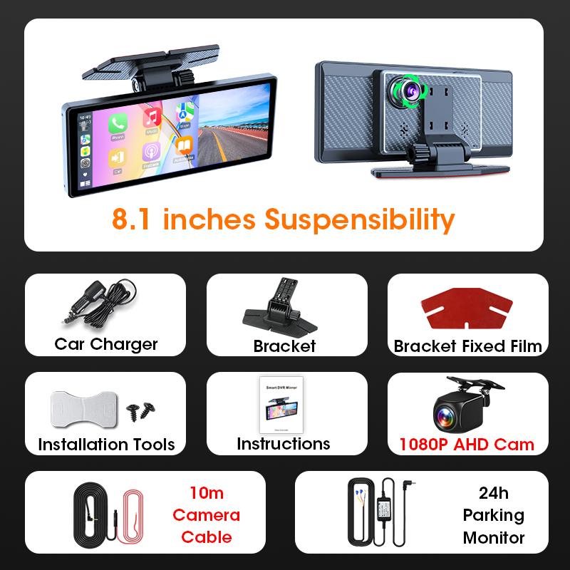 7/8.1 inch Suspended Type Wireless CarPlay Touch Screen Portable Car DVR Android Auto Dashcam GPS Navigation Rearview Camera FM