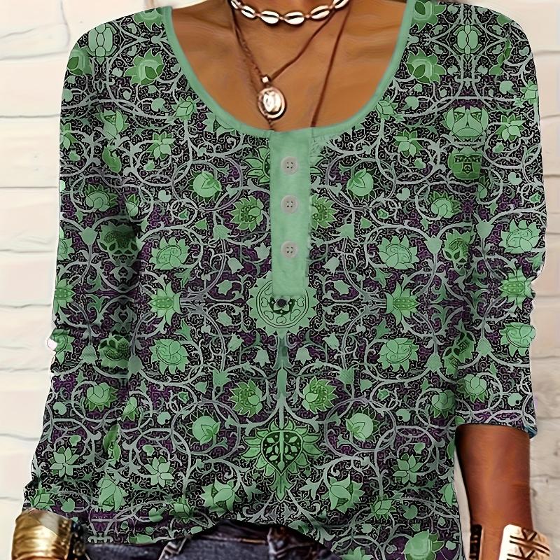 Women's V-Neck Casual Ethnic Style Printed Button Large Size Women's T-Shirt