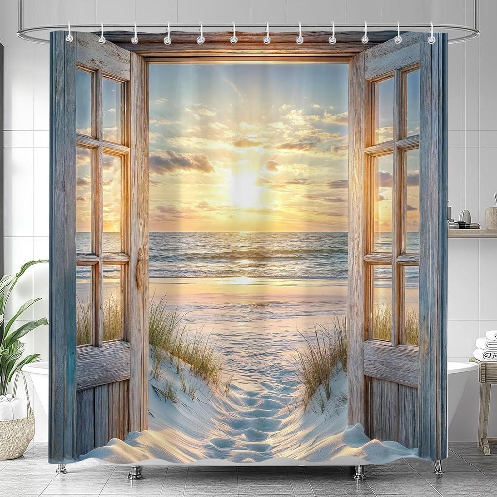 Funny Kids Shower Curtain, Cute Colorful Cartoon Fish Ocean Beach Theme Bath Curtains for Bathroom, Underwater Coastal Submarine