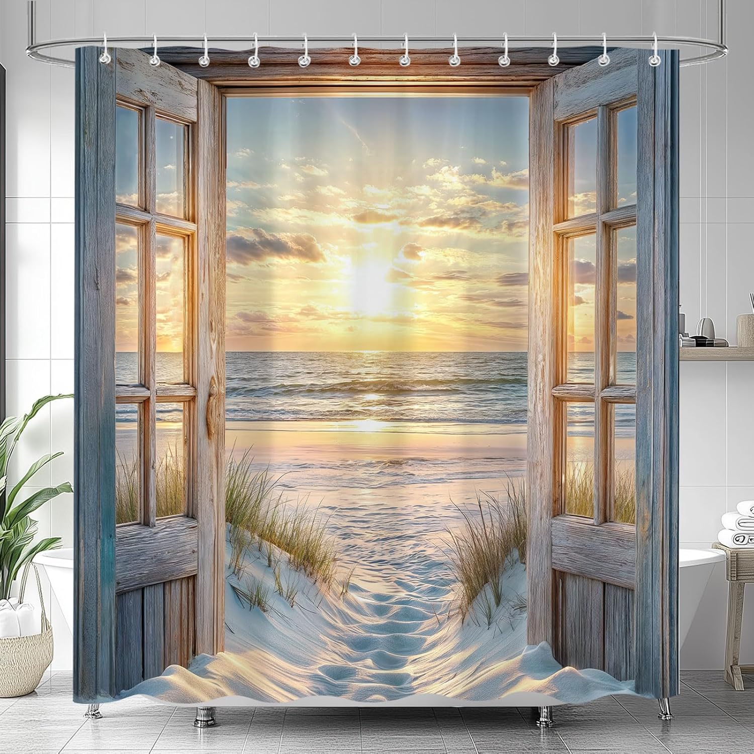 

Funny Kids Shower Curtain, Cute Colorful Cartoon Fish Ocean Beach Theme Bath Curtains For Bathroom, Underwater Coastal Submarine W60H190(CM)-1 Pcs