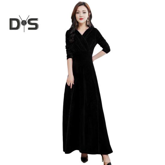 

Бархатное макси-платье для женщин с V-образным вырезом, длинное платье до щиколотки, однотонное вечернее платье А-силуэта для свадебной коктейльной вечеринки L чёрный