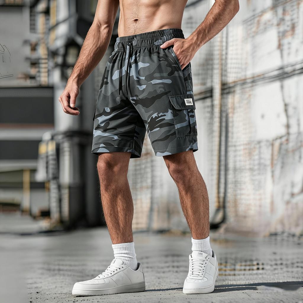 Herren Mehrzweck-Cargo-Shorts für Outdoor-Sport, Freizeit, Tarnmuster, Arbeitsshorts mit elastischem Bund und Kordelzug zum Wandern, Camping