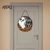 Outdoor Holiday Decoration Halloween Ghost Door Sign, Cute Hey Boo Wooden Hanging Wreath Decoration, Durable Solid Wood Sign Round Rustic Farmhouse