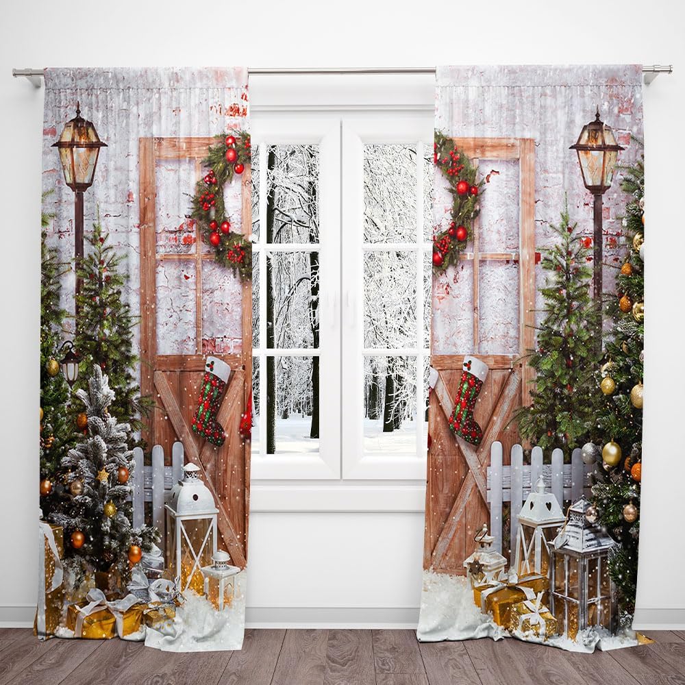 Christmas Snowflake Window Curtains Xmas Ornaments Coniferous Pine Tree Tinsel Theme Bedroom Living Room Decorative Curtain Polyester Perfect For Area