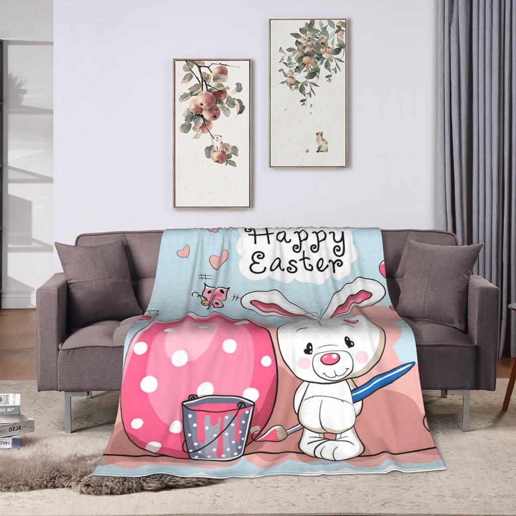 Cute Rabbit Painting Easter Eggs Blankets Quality Soft Cozy  Bedding Throws Spring Picnic Living Room Novelty Bedspread