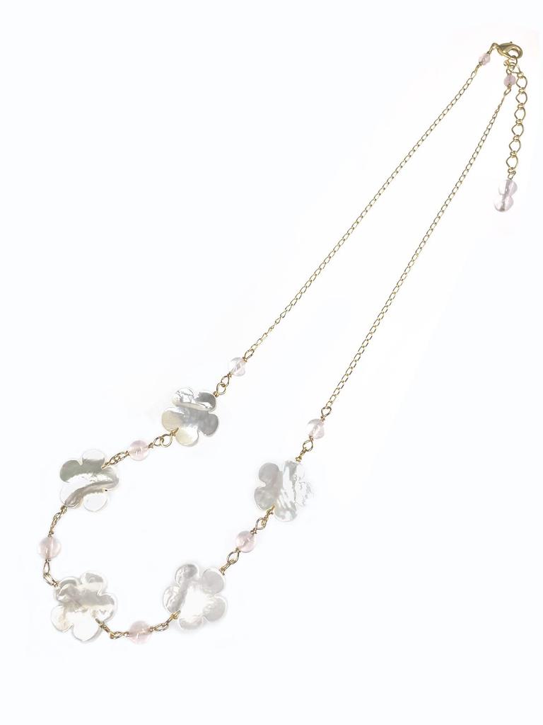 White Shell Flower and Rose Quartz Natural Power AC296 [Cherry] Semi-Long Necklace, Stone, Stone,