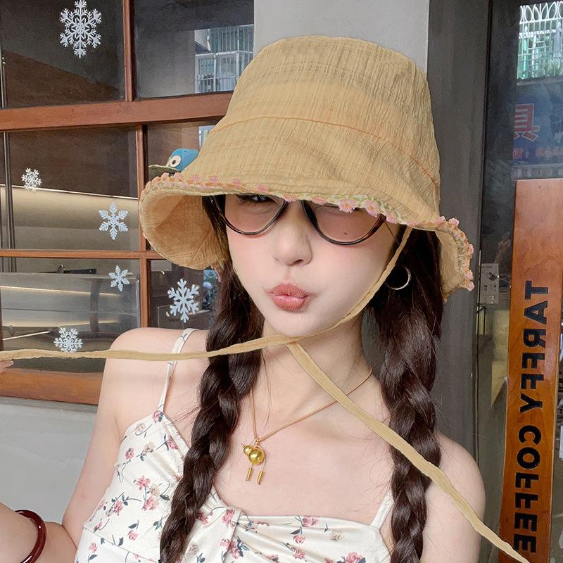 Sweet Floral Edge Bucket Hat Women's Summer Big Brim Showing Washbasin Hat Fashionable Versatile Sunshade Sunscreen Basin Hat
