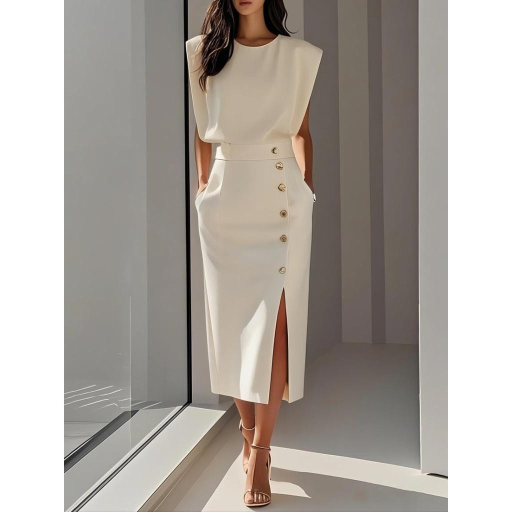 Women's  Solid Color Long Sleeves Elegant Midi Dress with Button Details and Side Slit - Crew Neck